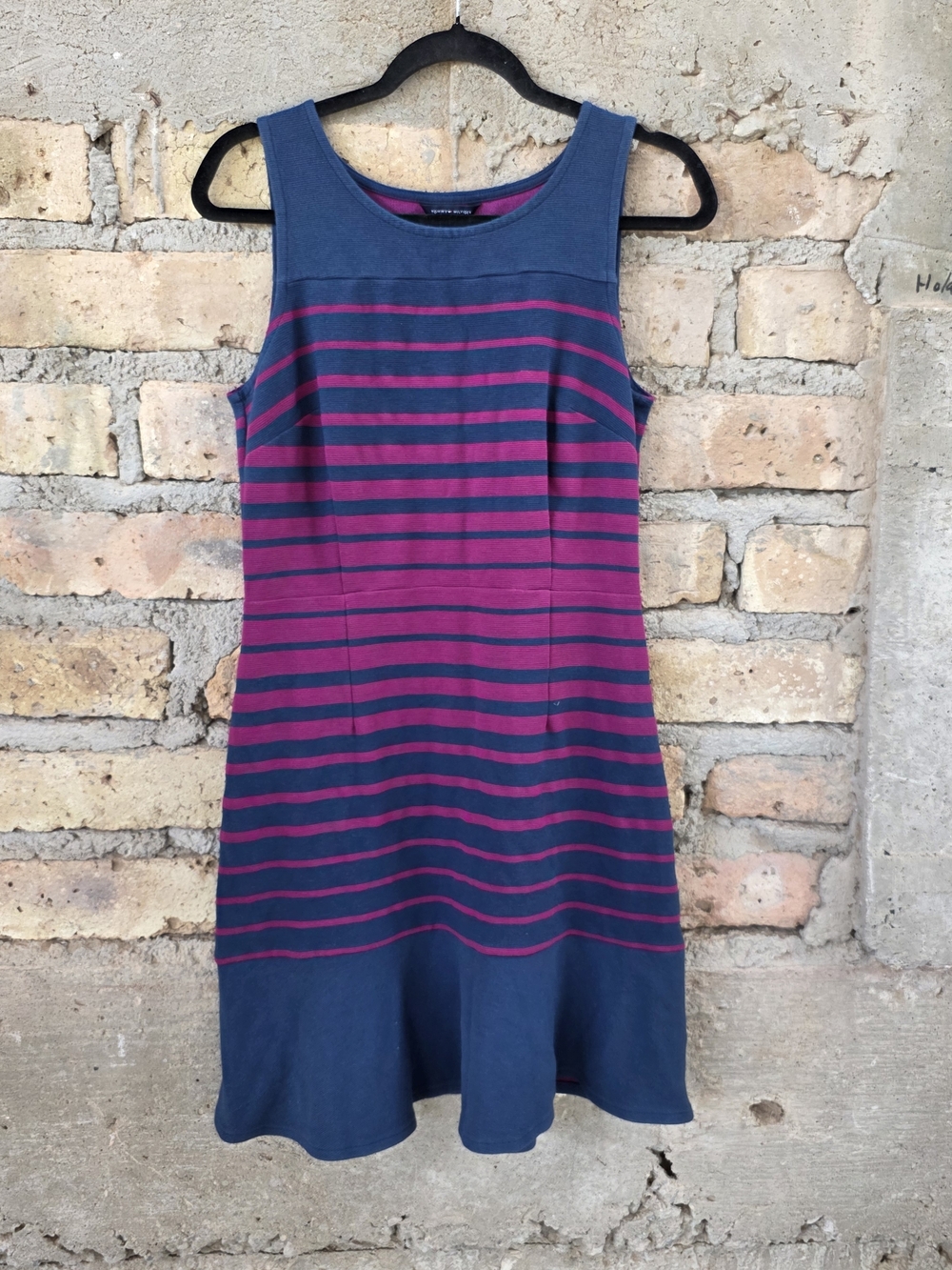Tommy Hilfiger Navy and Magenta Striped Sleeveless Fit & Flare Dress
